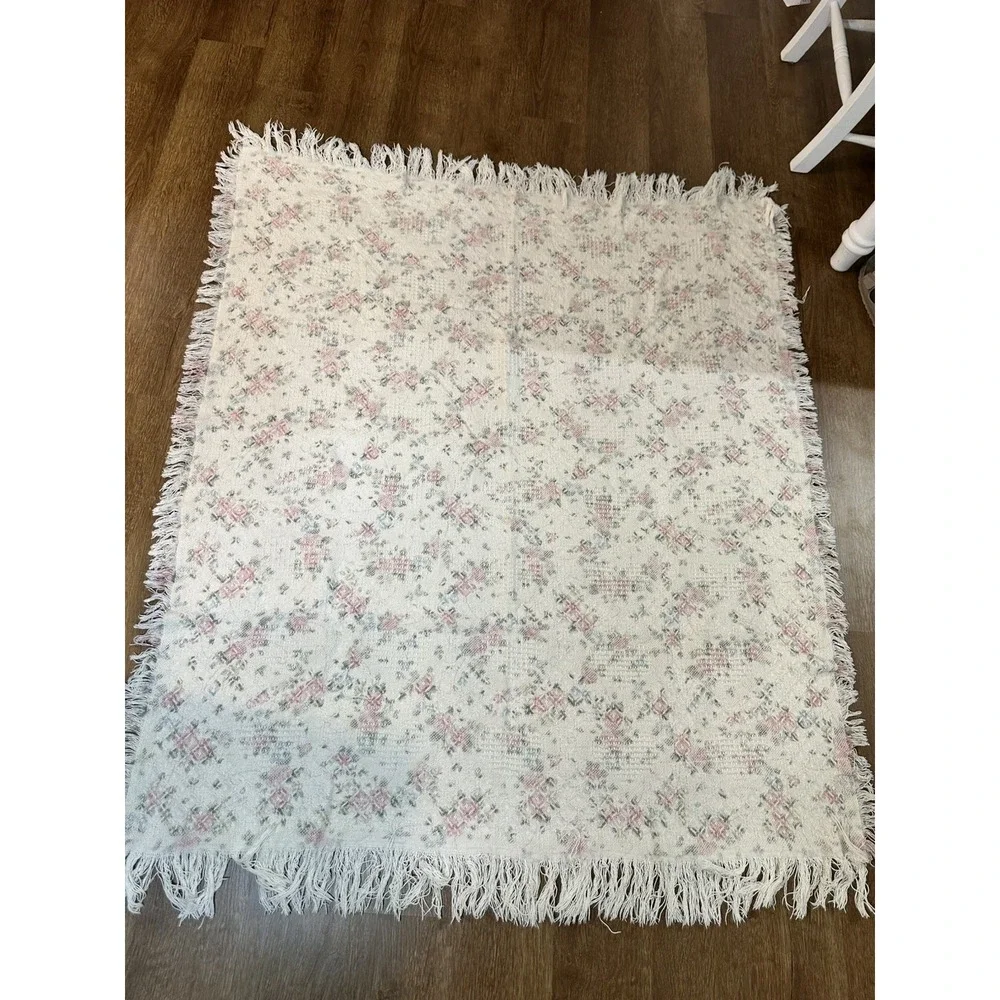Cottagecore Woven Throw Blanket 45x53 Floral Farmhouse Pink Blue Gray Fringe